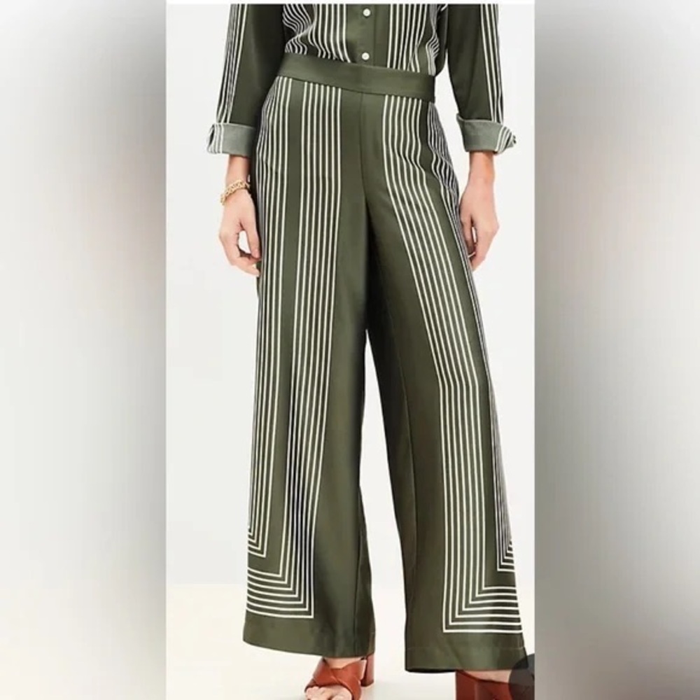 Loft Olive Green Striped Wide-Leg Pants